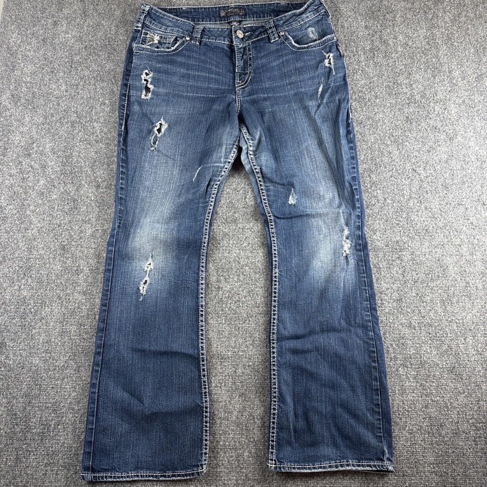 Silver Jeans Co Suki Surplus Curvy Mid Rise Bootcut Jeans Distressed Womens 16